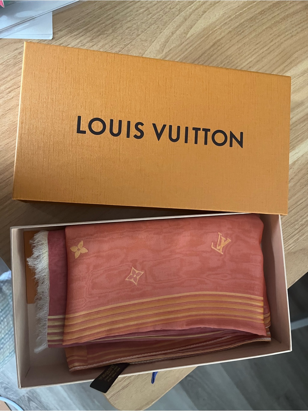 Louis Vuitton Coral And Gold Monogram 100% Silk Scarf